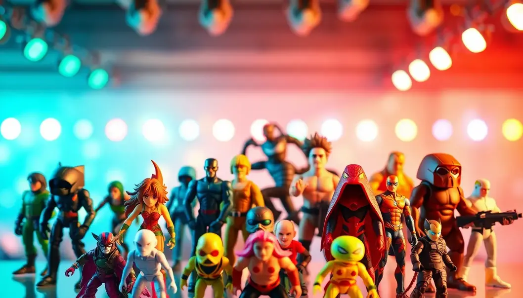Future Faves: The Hottest Collectible Figures of 2025 Array of collectible figures from anime, sci-fi, and gaming with colorful lights.