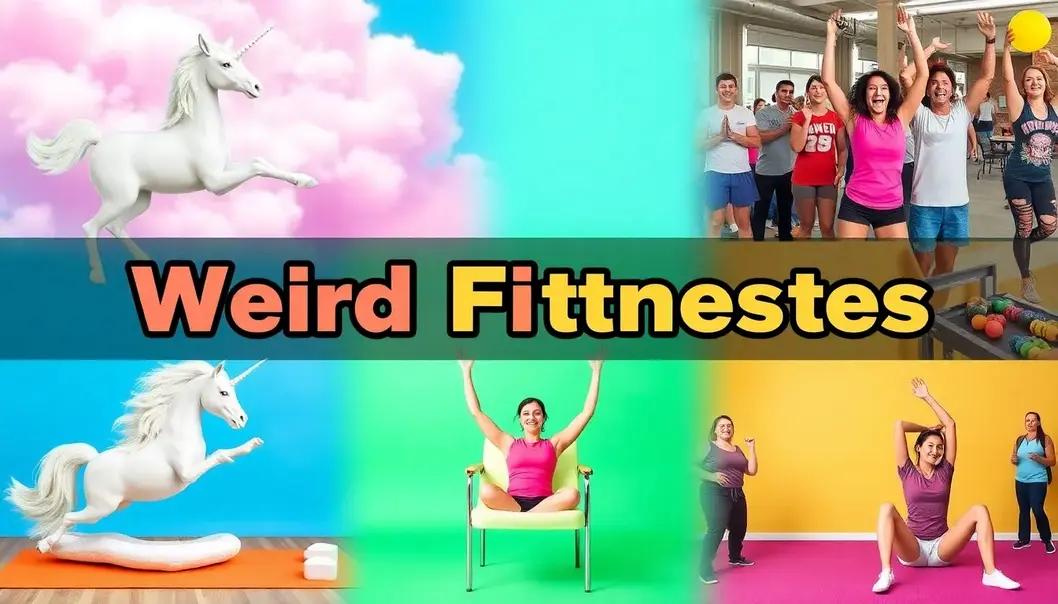 Weird Fitness Trends: It's Only Dumb If You Don't Try It A collage of people engaging in unicorn yoga and chair exercises.