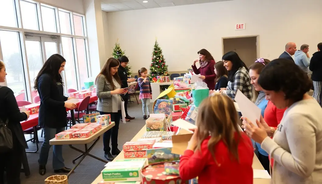 Brightening Holidays with a Toy Donation Drive A bustling holiday market where shoppers contribute to a toy donation drive.