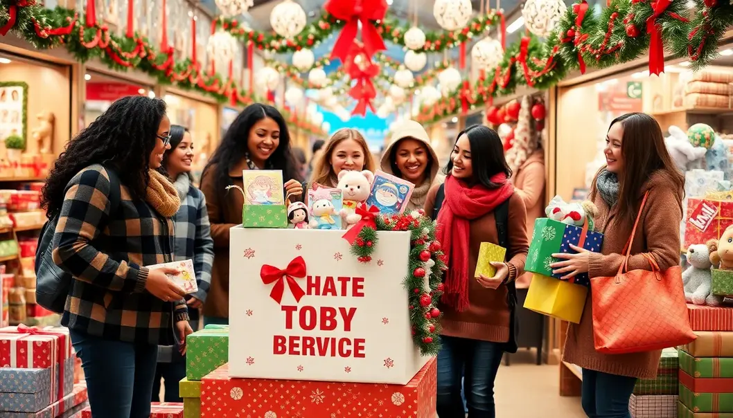 Brightening Holidays with a Toy Donation Drive A bustling holiday market where shoppers contribute to a toy donation drive.