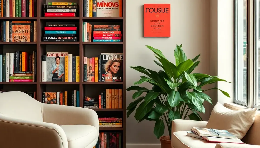 Reviving the Written Runway: Book Genres that Sizzle! Stylish reading corner with vibrant books and fashion magazines.