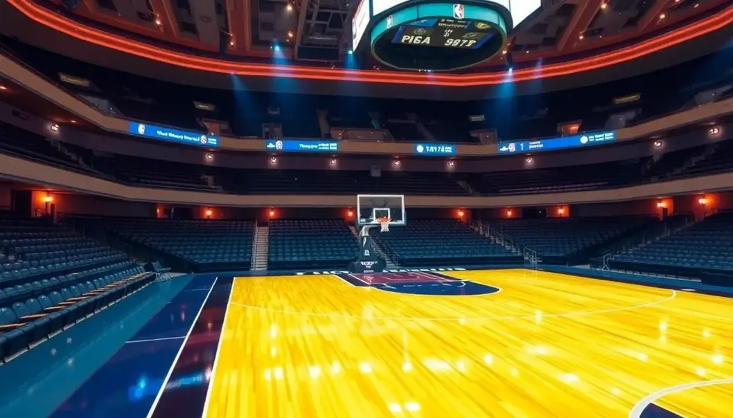 Courtside Luxury: An Opulent Initiation into NBA Fandom A luxurious arena interior with plush seating and ambient lights focused on the court.