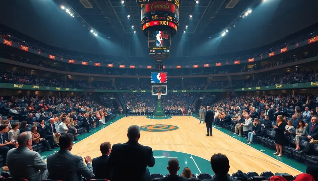Embracing the Court: An Elegant Introduction to NBA Fandom A luxurious NBA basketball court with elegantly dressed fans enjoying the game.