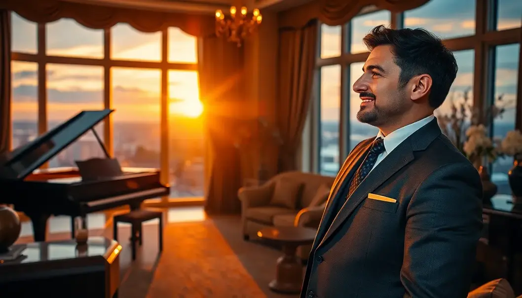 The Symphonic Symphony: How Music Colors the Luxury of Mood A grand piano setting the mood in a luxurious penthouse.