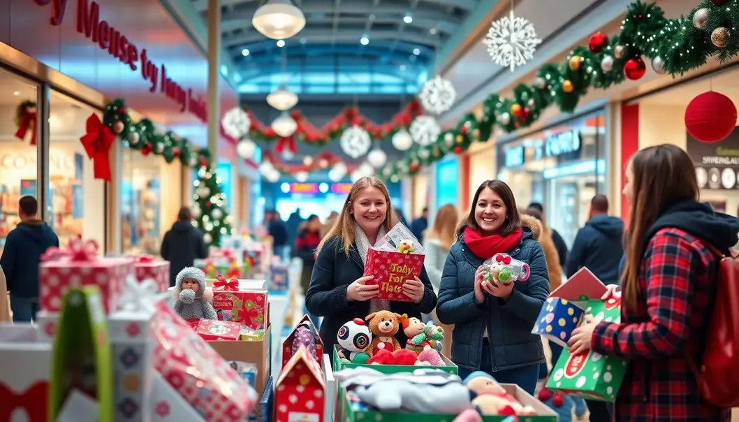 Brightening Holidays with a Toy Donation Drive Volunteers assisting gift shoppers at a donation drive surrounded by festive holiday decorations.