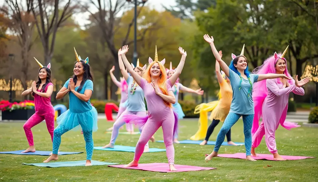 Weird Fitness Trends: It's Only Dumb If You Don't Try It Unicorn Yoga: Where fitness meets fantasy in a park full of sparkles.